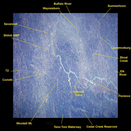 Satellite view above Mississippi looking northeast into Tennessee